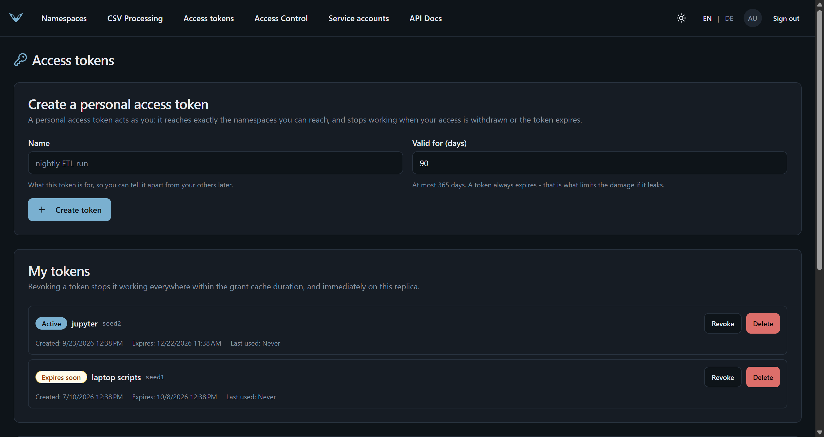 Access token page