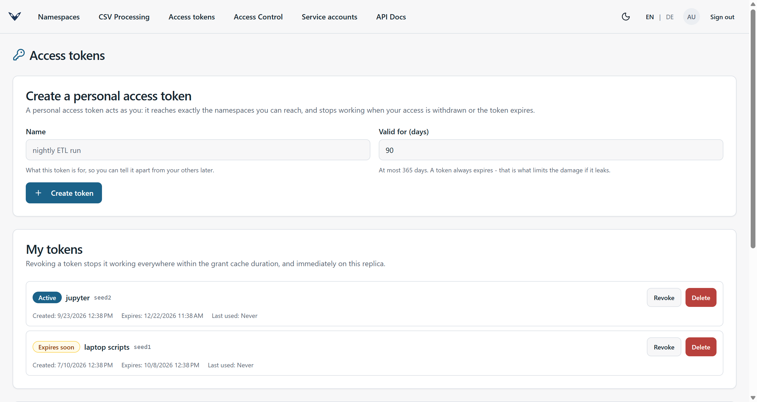 Access token page