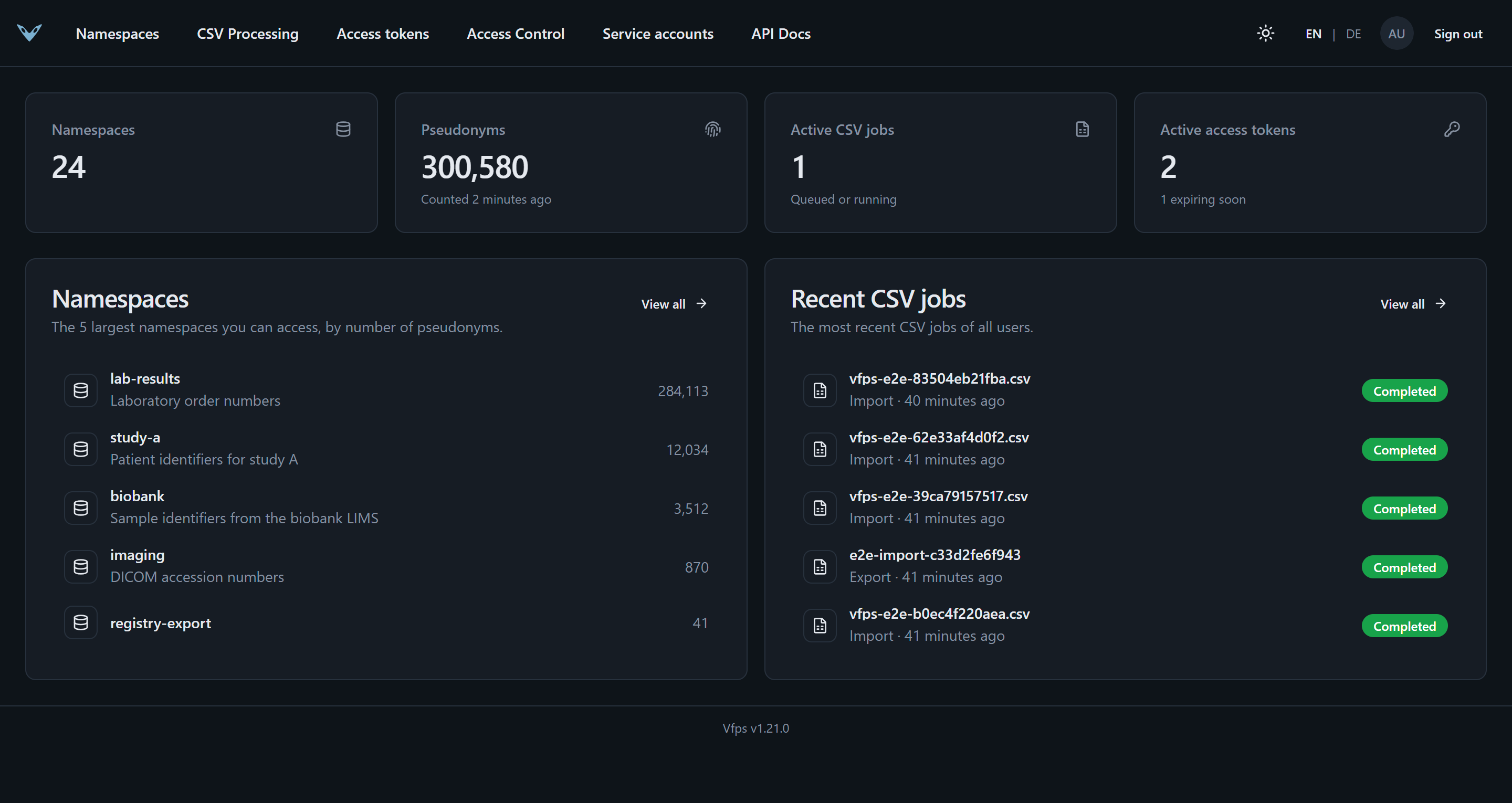 Vfps admin UI home page