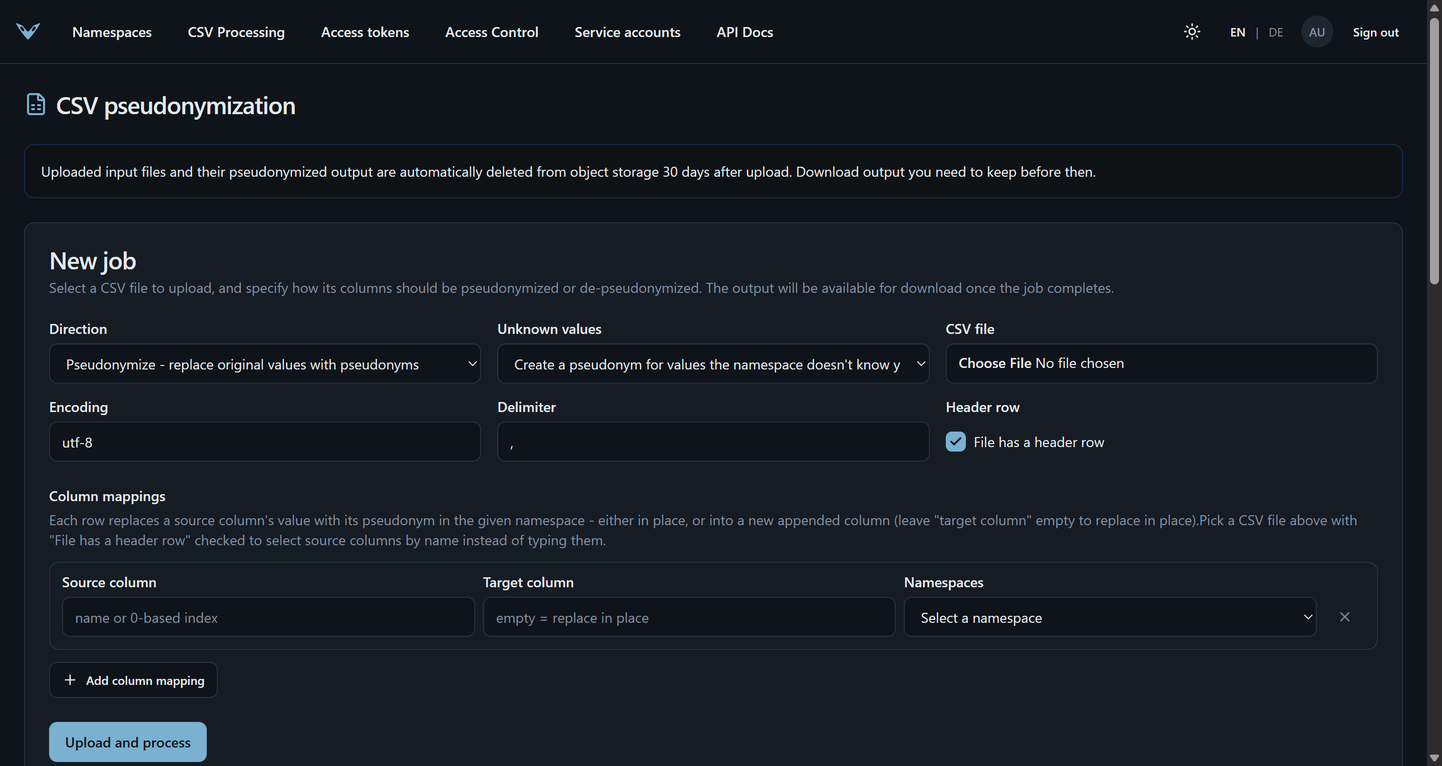 CSV pseudonymization jobs page