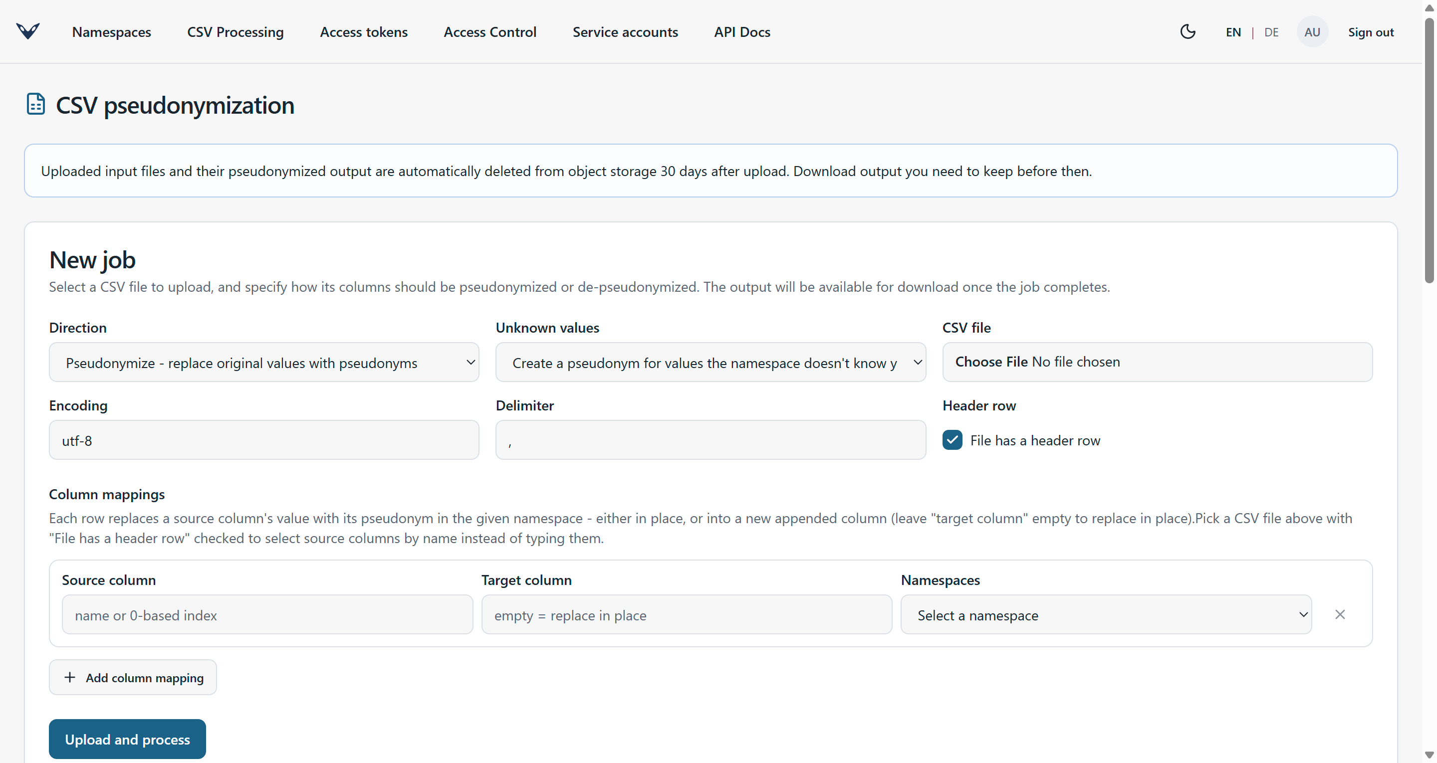 CSV pseudonymization jobs page